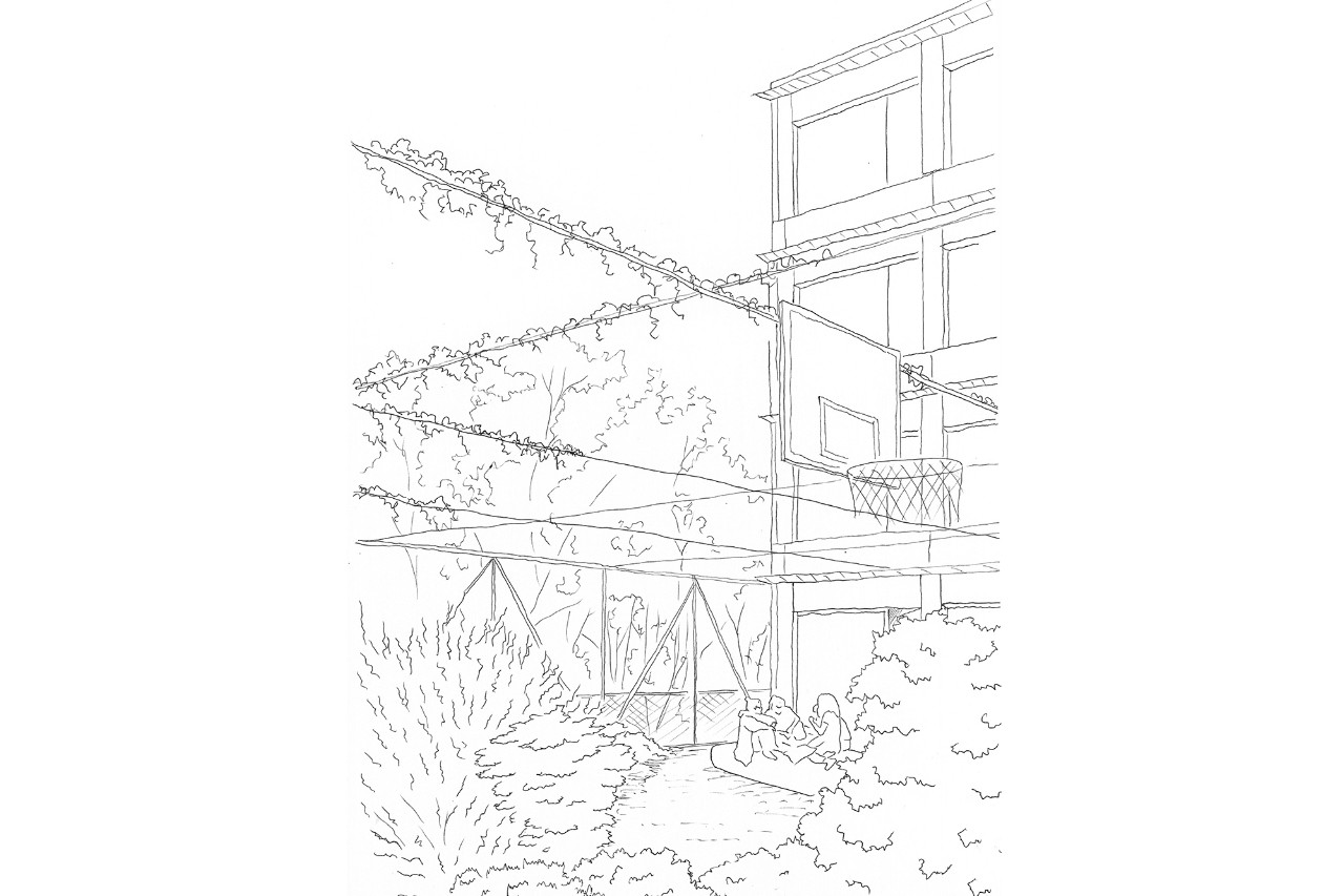 Visualisierung Schulanlage Tüffenwies Siegerprojekt TODOS JUNTOS ‒ Eine Pergola spannt sich über die ganze Terasse im 4. Obergeschoss (Visualisierung: Karl Naraghi, Zürich)